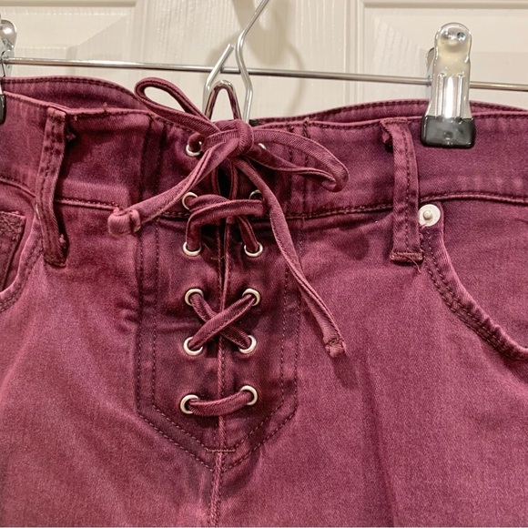 NWOT EXPRESS Maroon Lace-Up Corset Fly Denim Mid-Rise Ankle Leggings - Picture 4 of 8